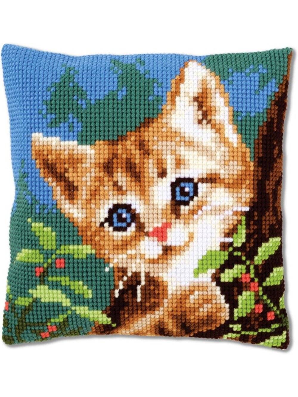 Cat Tree Cross Stitch Embroidery Kit - DIY Pillow Front, 100% Cotton, 15.75